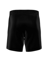 Roll Gear LLC USMC black long cut grappling shorts with elastic waistband and split leg design for mobility.