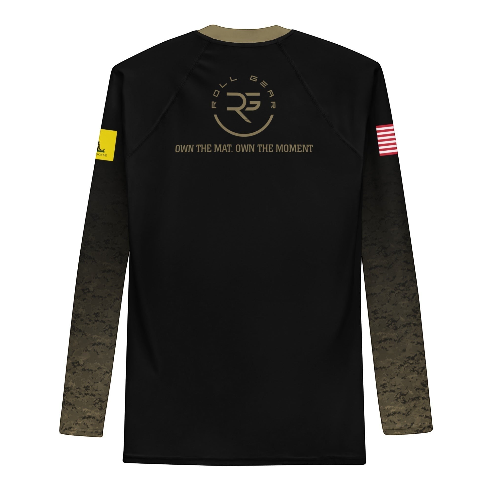 Roll Gear USMC long sleeve compression shirt with digital camo sleeves and US flag patch. Moisture-wicking.