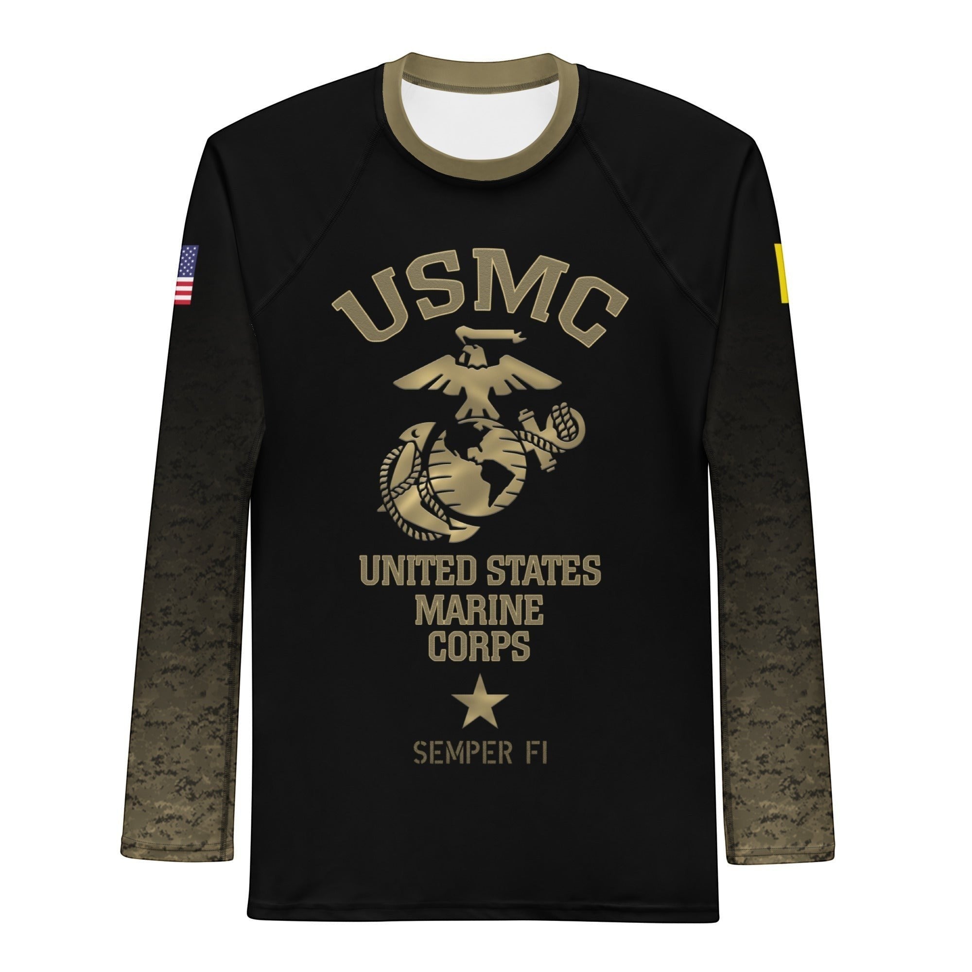 Roll Gear United States Marine Corps long sleeve compression shirt with USMC emblem and digital camo sleeves.