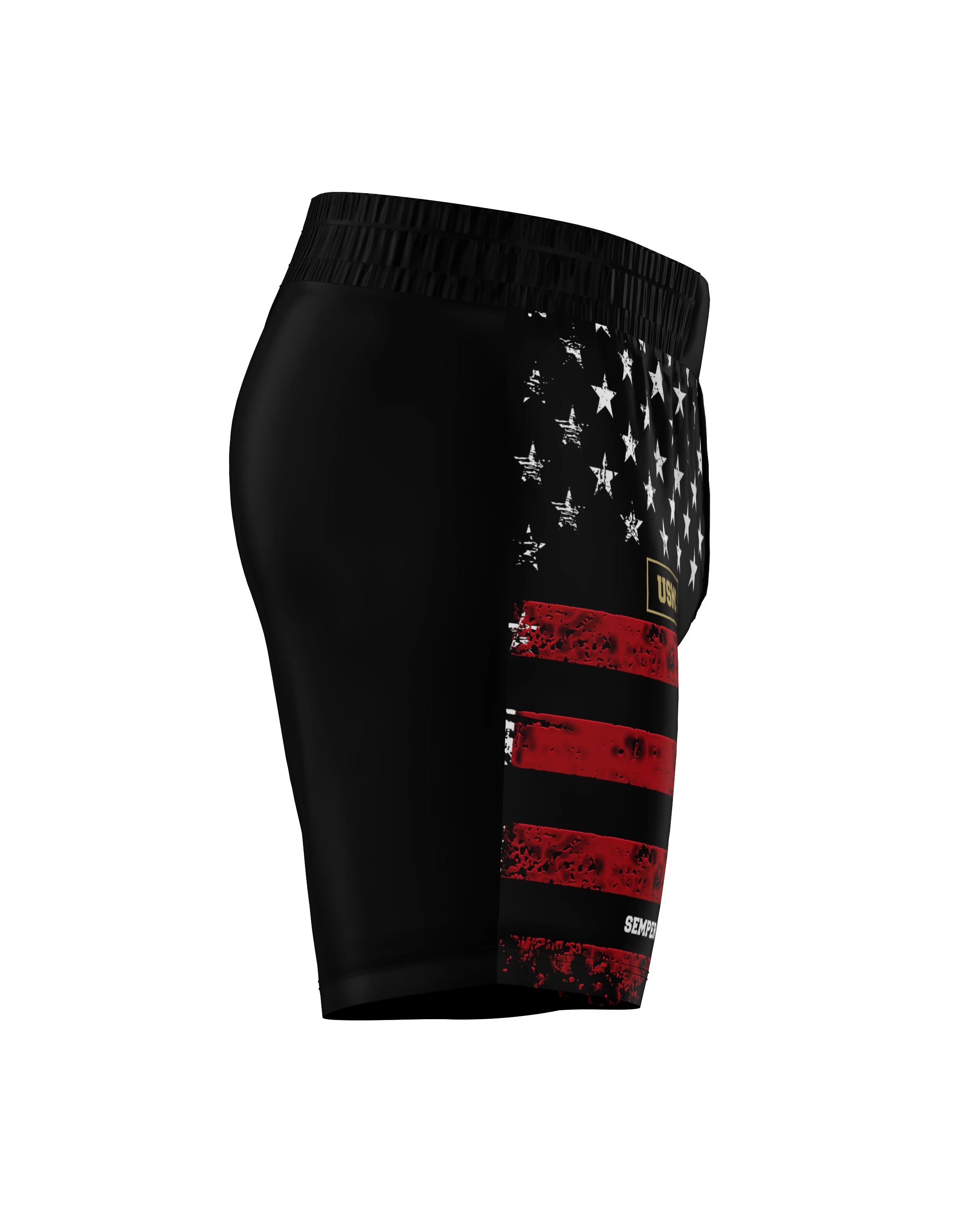 Roll Gear LLC USMC grappling shorts in black with distressed American flag design on the side. Long cut for full coverage.