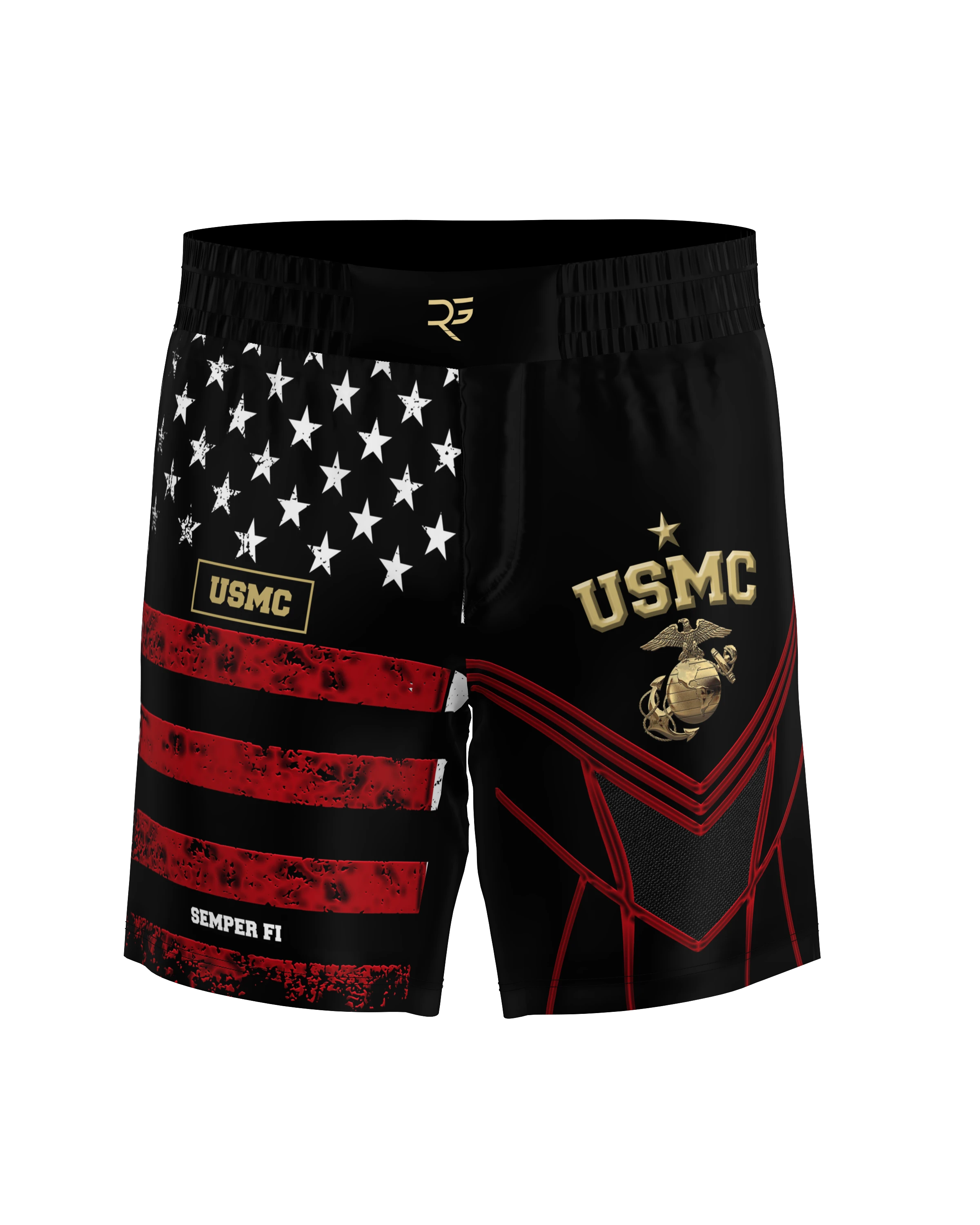 Roll Gear LLC USMC grappling shorts in black with US flag design on left leg and USMC emblem on right leg. Long cut.