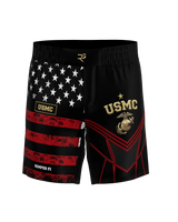 Roll Gear LLC USMC grappling shorts in black with US flag design on left leg and USMC emblem on right leg. Long cut.