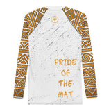 Roll Gear Lion’s Pride Long Sleeve Rash Guard – White & Gold, flat back view, Pride of the Mat back print.