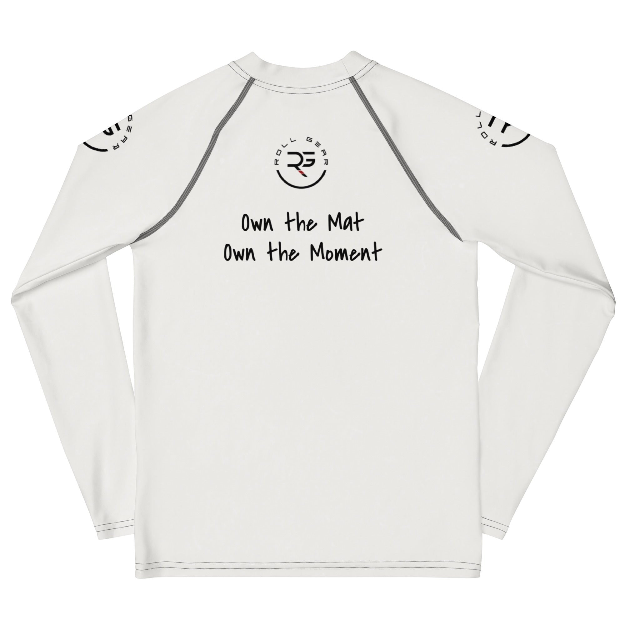 Roll Gear Tap Hype Rash Guard – Blue/White – Youth, flat back view, Own the Mat Own the Moment back text.