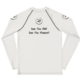 Roll Gear white long sleeve performance rash guard with graphic text "Own the Mat Own the Moment" and logo.