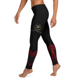 Roll Gear Women's black compression spats with red chevron accents and gold USMC graphics. Four-way stretch fabric.