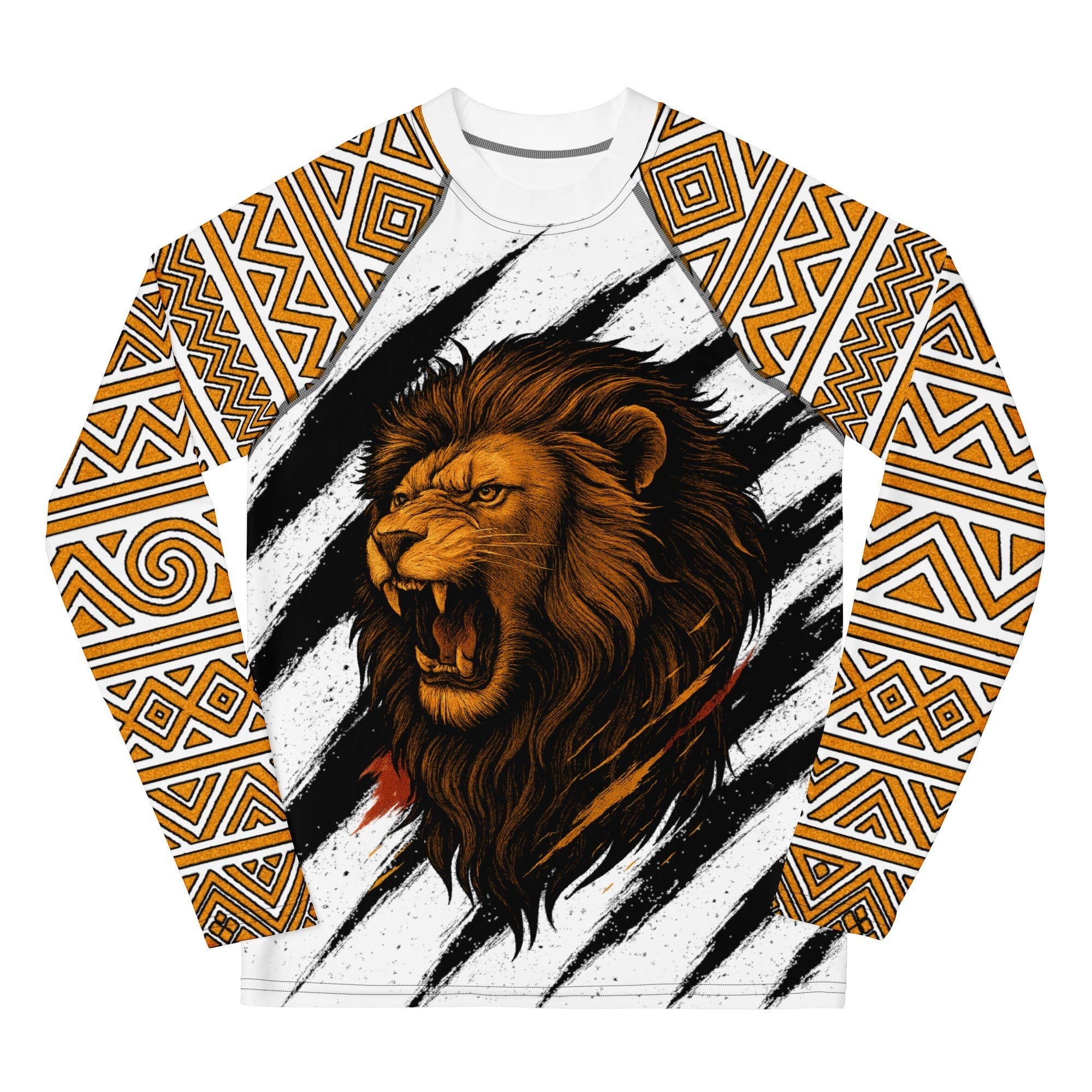 Roll Gear Lion’s Pride Long Sleeve Rash Guard – White & Gold – Youth, second flat front view, lion graphic.