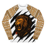Roll Gear Lion’s Pride Long Sleeve Rash Guard – White & Gold – Youth, second flat front view, lion graphic.
