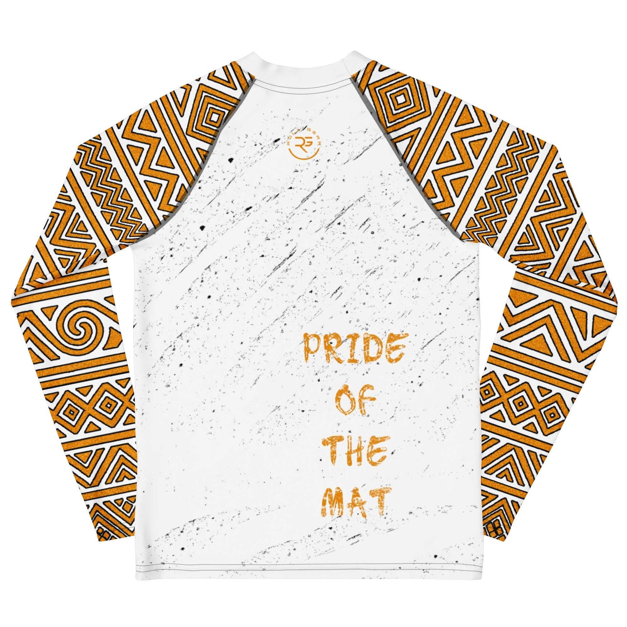 Roll Gear Lion’s Pride Long Sleeve Rash Guard – White & Gold – Youth, flat back view, Pride of the Mat text.