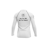Roll Gear youth long sleeve white rash guard with blue and black graphic text "Own the Mat Own the Moment" and logo.