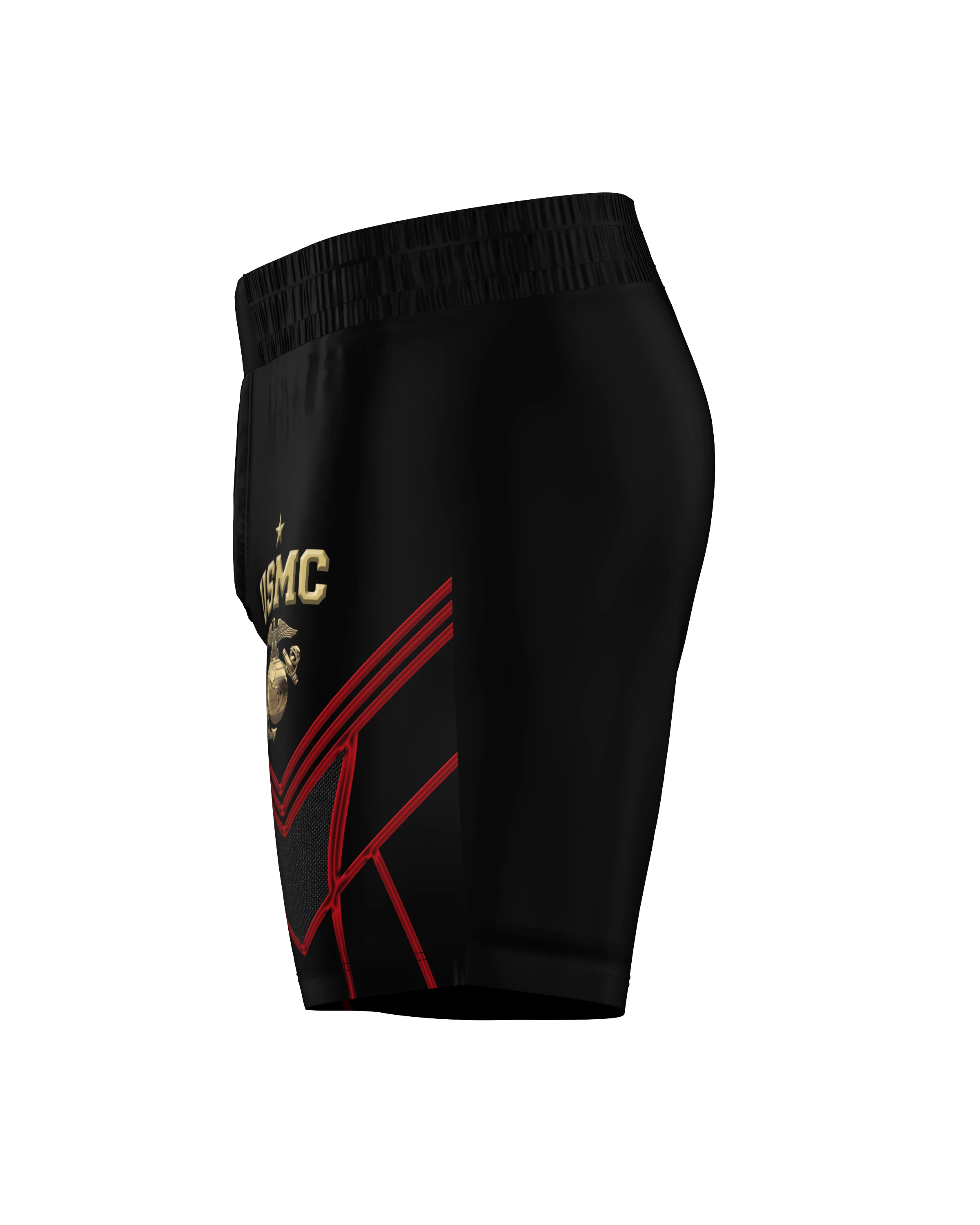 Roll Gear LLC USMC grappling shorts in black with gold USMC emblem and red accents. Long cut design for martial arts training.