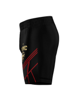 Roll Gear LLC USMC grappling shorts in black with gold USMC emblem and red accents. Long cut design for martial arts training.