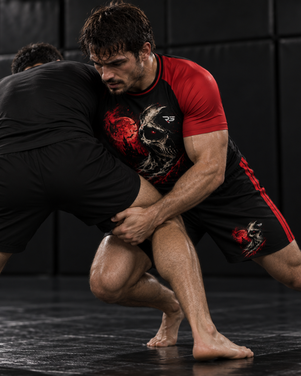 Roll Gear Embrace the Dark Shorts, man drilling a takedown on the mat.