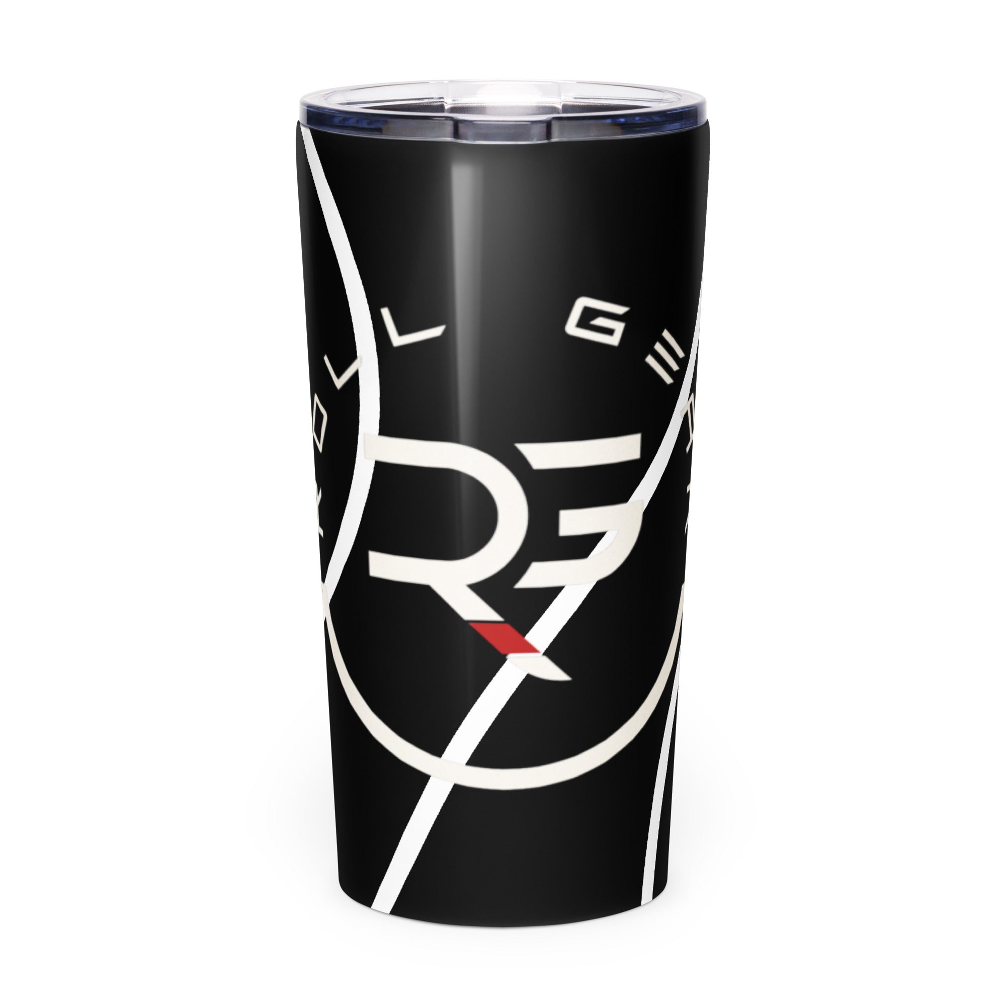 Roll Gear Ranked Series 20oz Stainless Steel Tumbler – Glossy Black, front view. Insulated water bottle for BJJ/wrestling athletes.