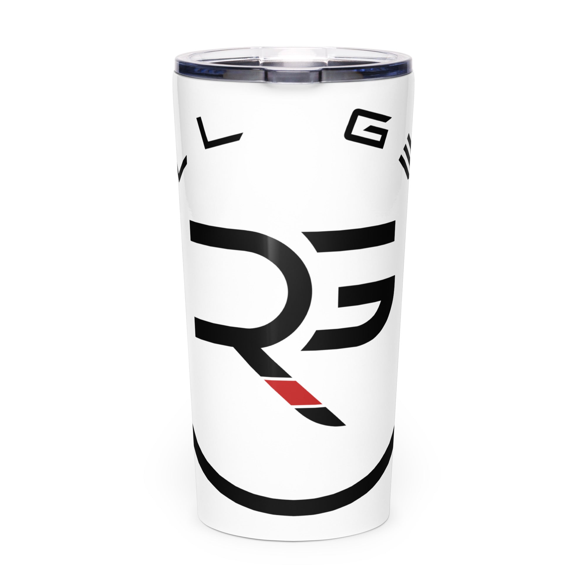Roll Gear Ranked Series 20oz Stainless Steel Tumbler – Glossy White, front view. Insulated water bottle for BJJ/wrestling athletes.