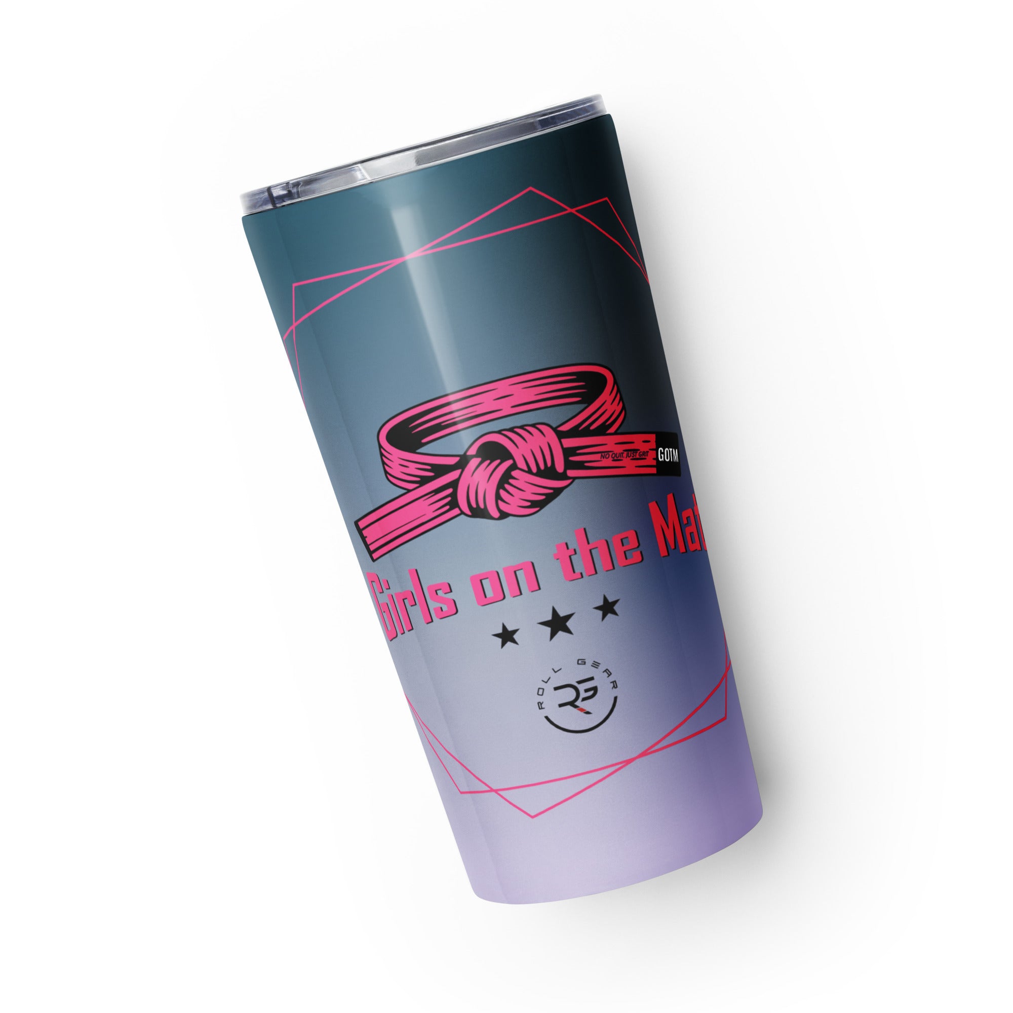 Roll Gear Girls on the Mat 20oz Stainless Steel Tumbler – BJJ/wrestling water bottle for women and girls, front view, additional angle.