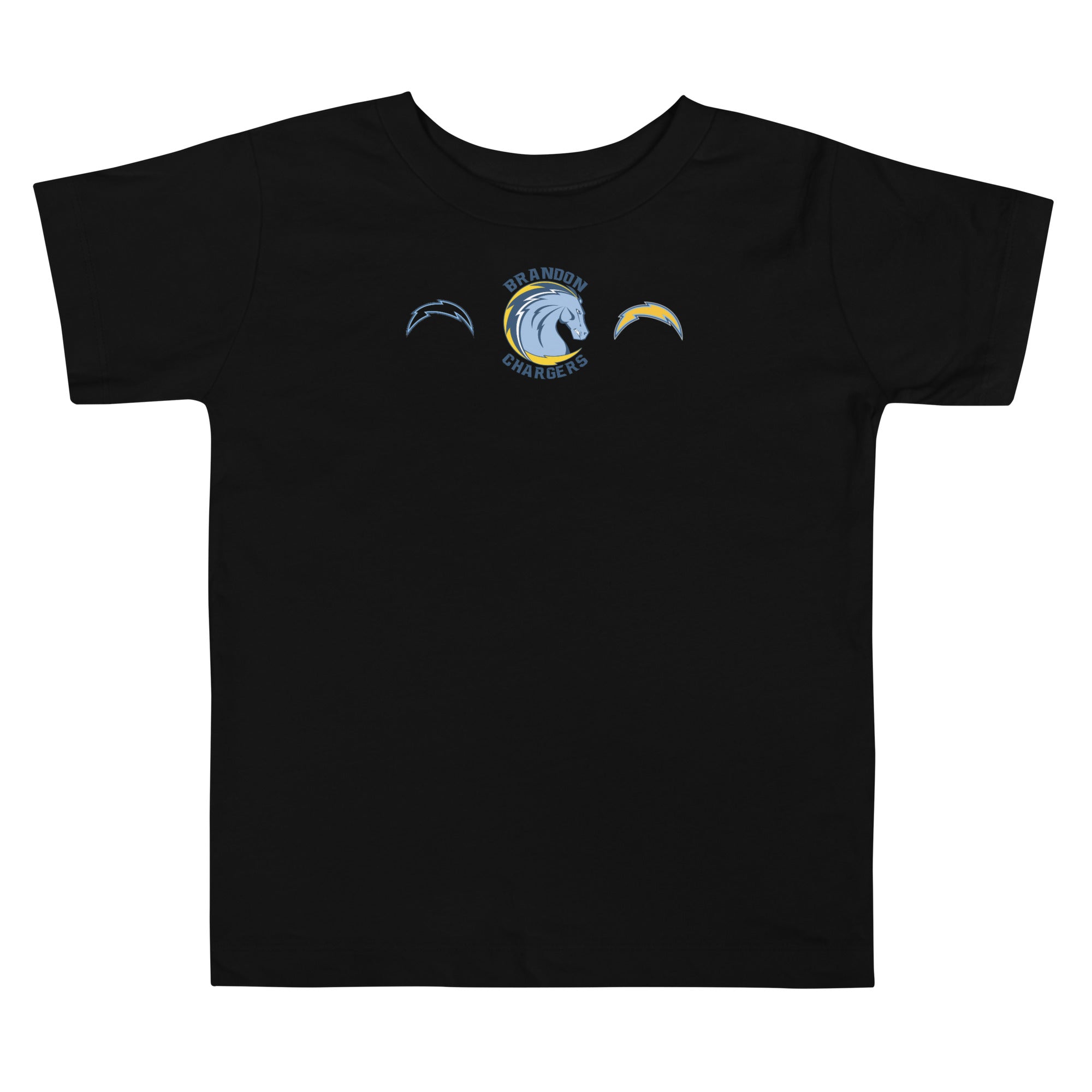Brandon Chargers Triple Logo Toddler Tee by Roll Gear, Black, front view.