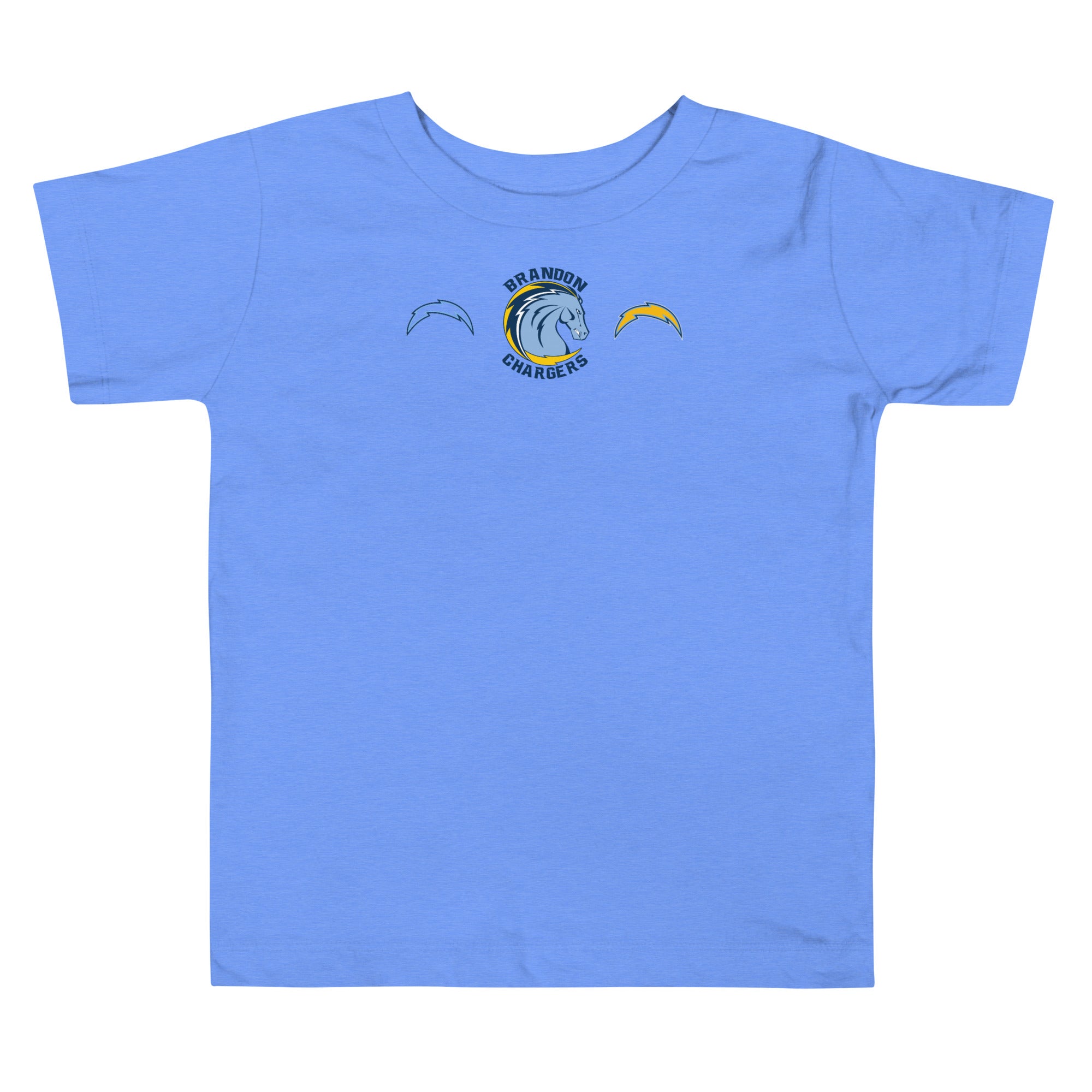 Brandon Chargers Triple Logo Toddler Tee by Roll Gear, Heather Columbia Blue, front view.