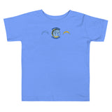Brandon Chargers Triple Logo Toddler Tee by Roll Gear, Heather Columbia Blue, front view.
