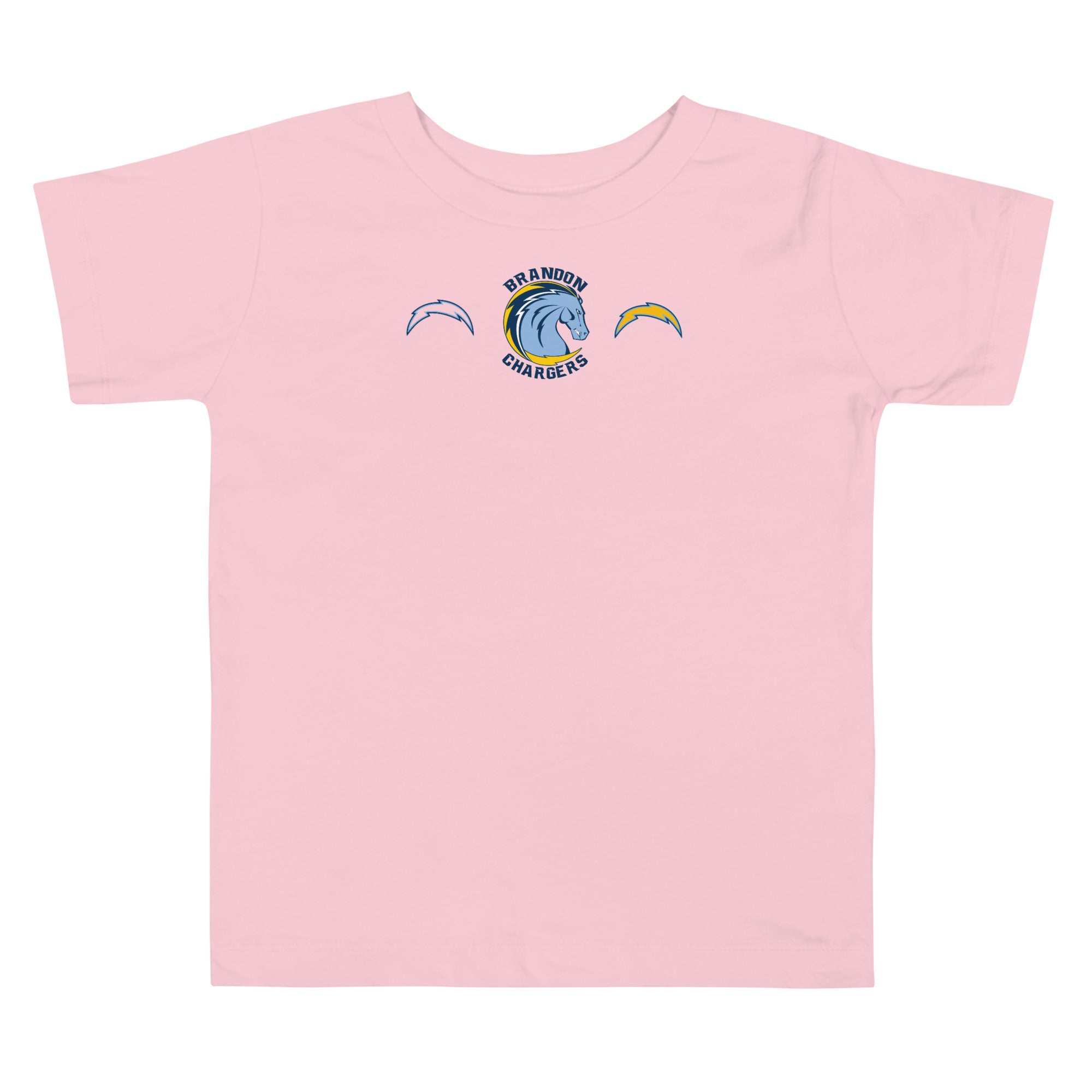 Brandon Chargers Triple Logo Toddler Tee by Roll Gear, Pink, front view.
