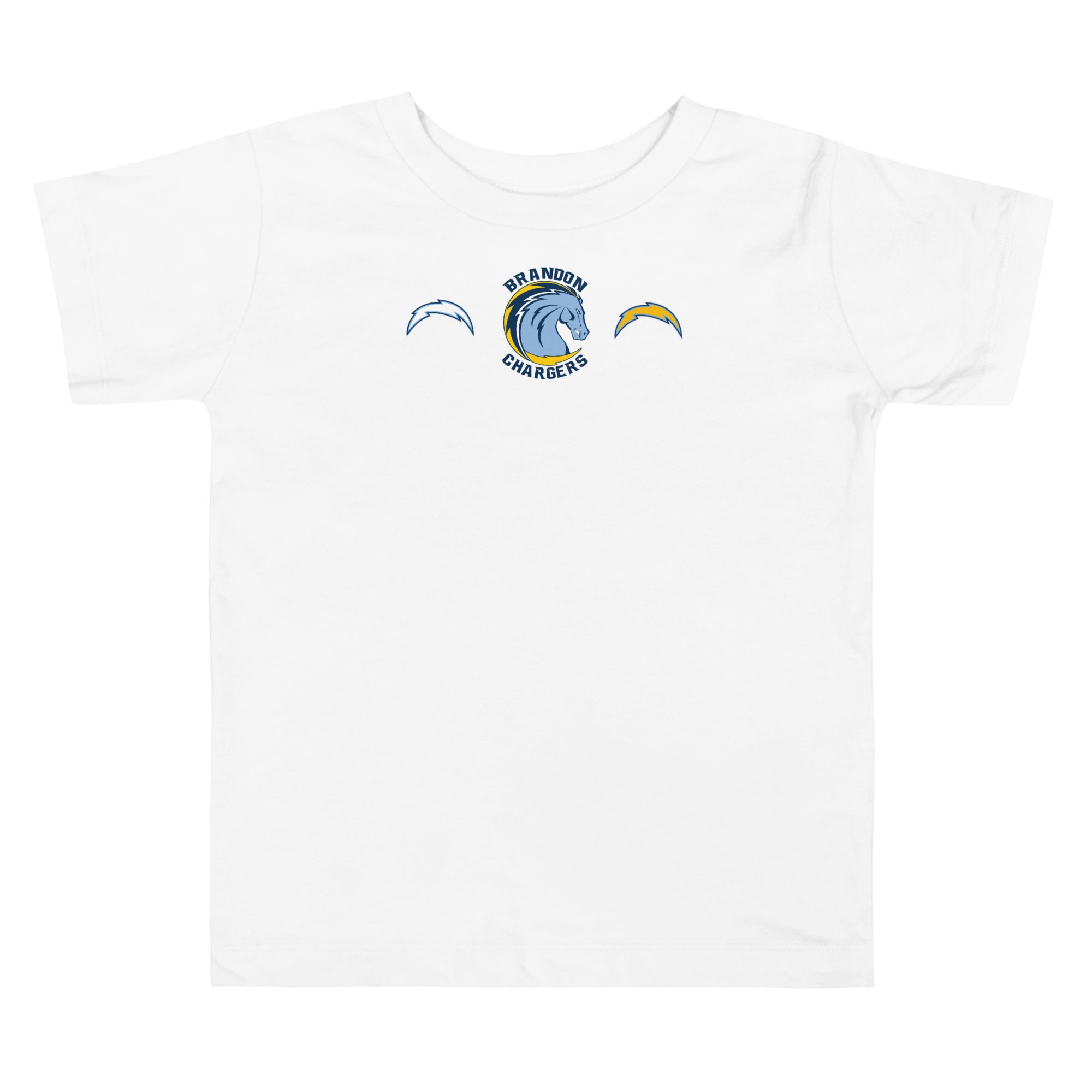 Brandon Chargers Triple Logo Toddler Tee by Roll Gear, White, front view.