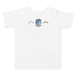 Brandon Chargers Triple Logo Toddler Tee by Roll Gear, White, front view.