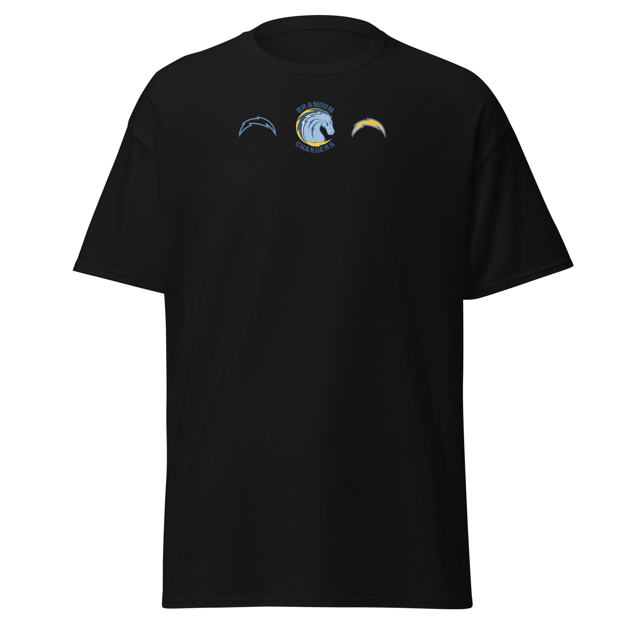 Brandon Chargers Triple Logo Adult Classic Tee by Roll Gear, Black, front view.