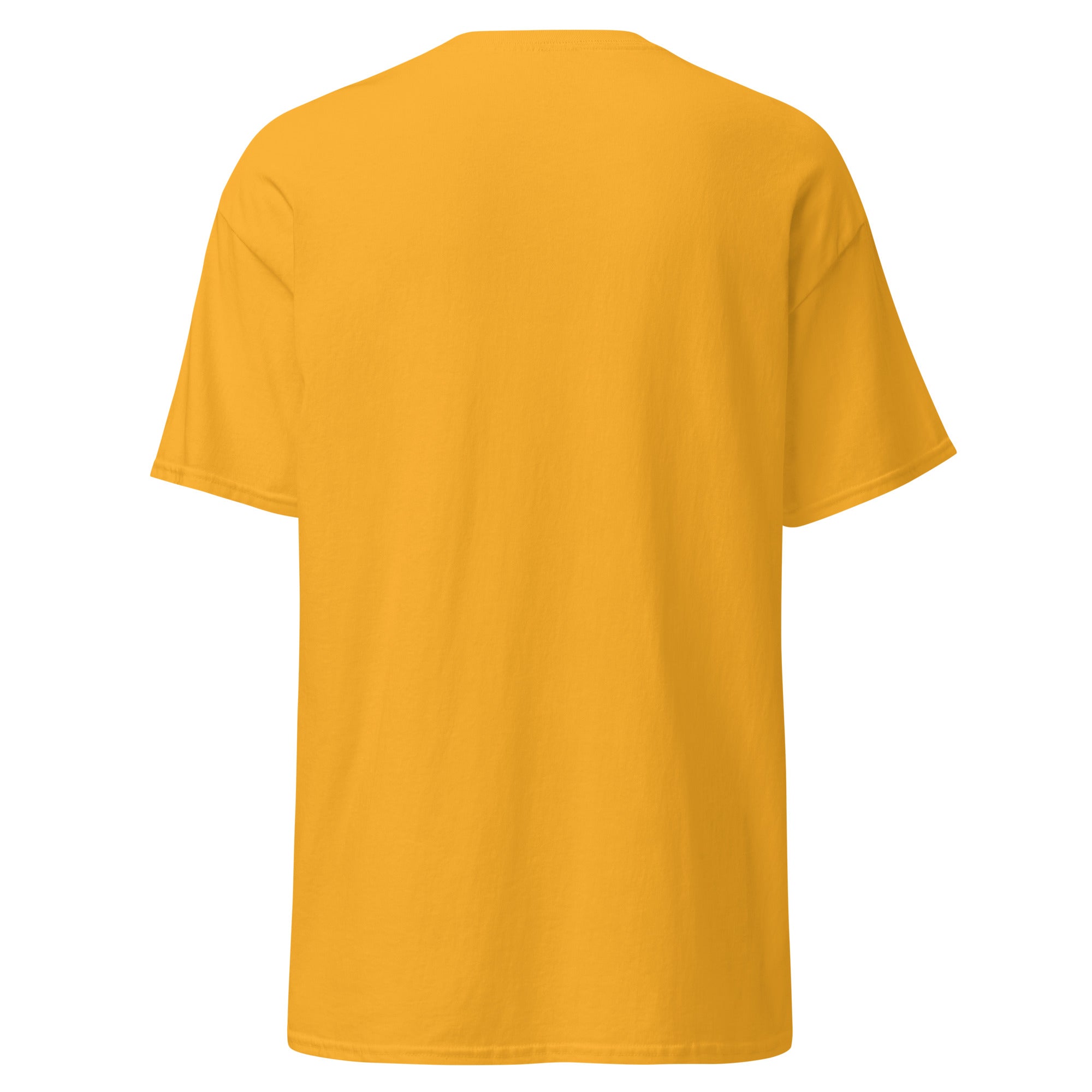 Brandon Chargers Triple Logo Adult Classic Tee by Roll Gear, Gold, back view.
