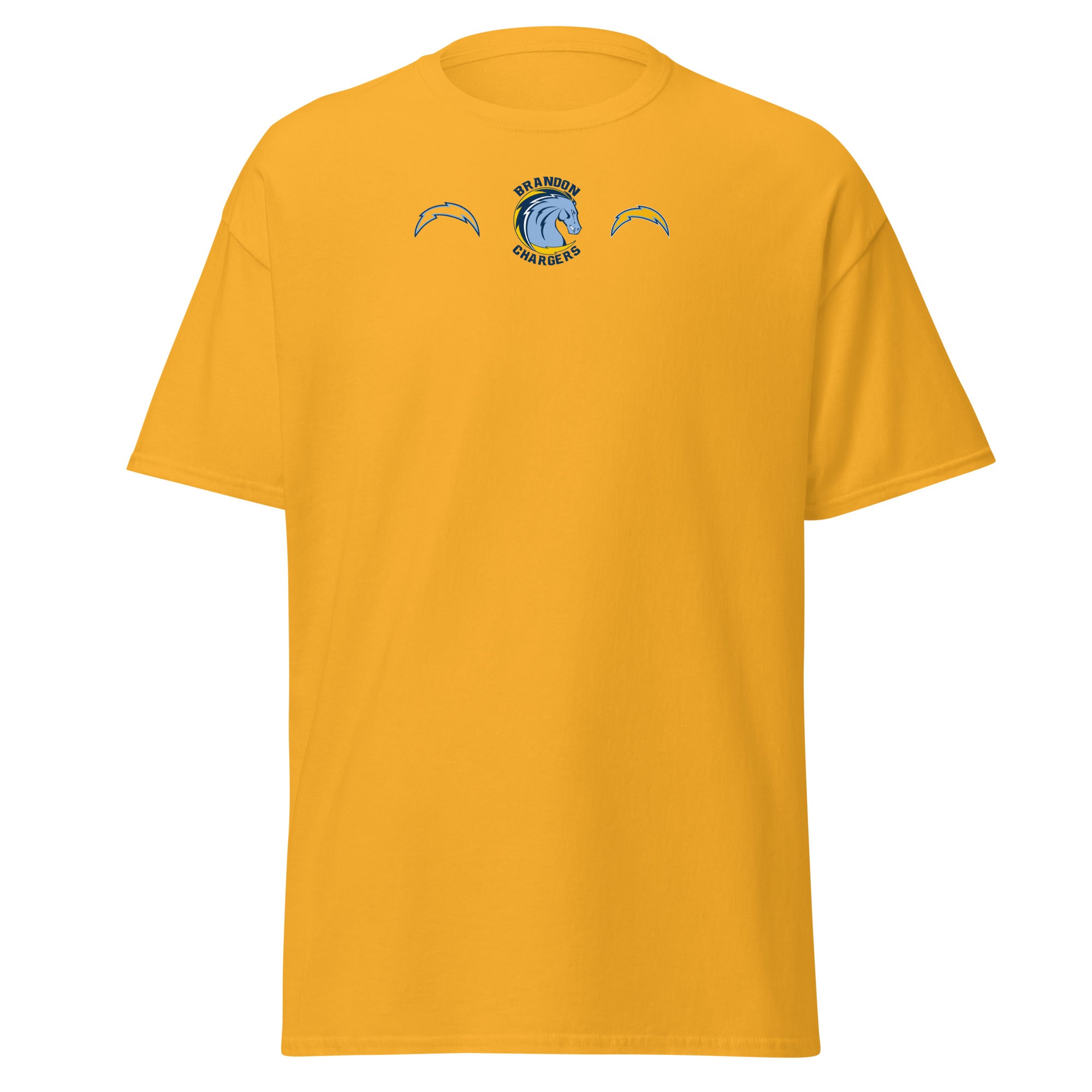 Brandon Chargers Triple Logo Adult Classic Tee by Roll Gear, Gold, front view.