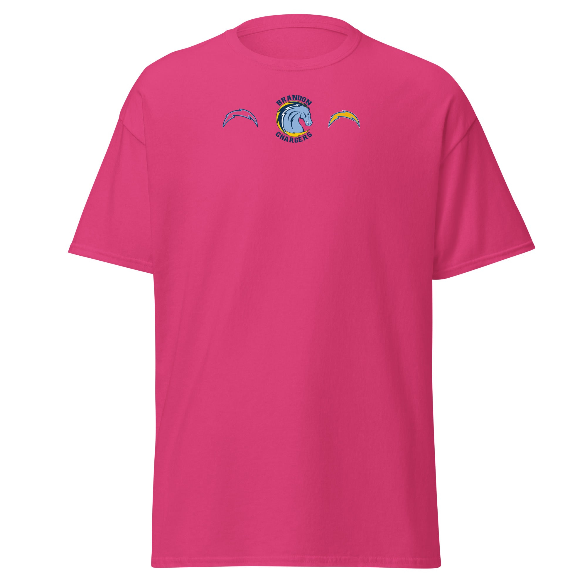 Brandon Chargers Triple Logo Adult Classic Tee by Roll Gear, Heliconia, front view.
