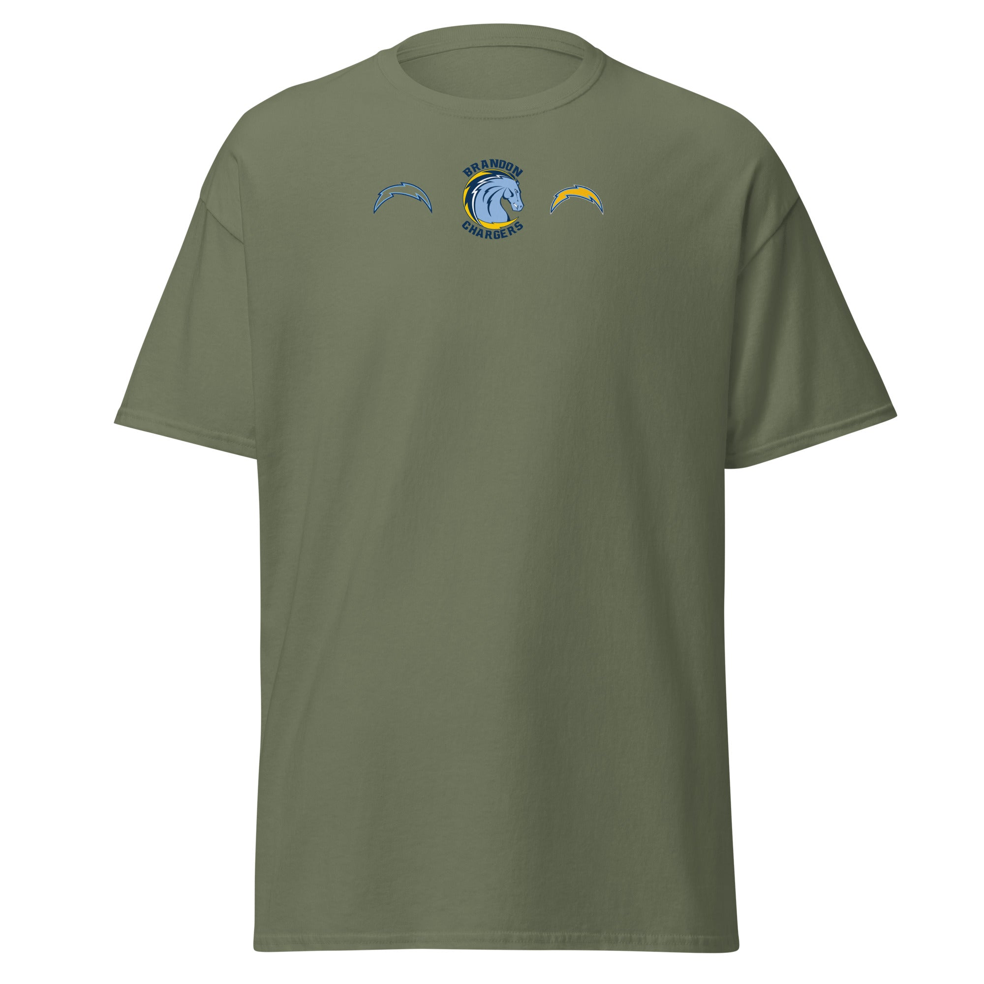 Brandon Chargers Triple Logo Adult Classic Tee by Roll Gear, Military Green, front view.