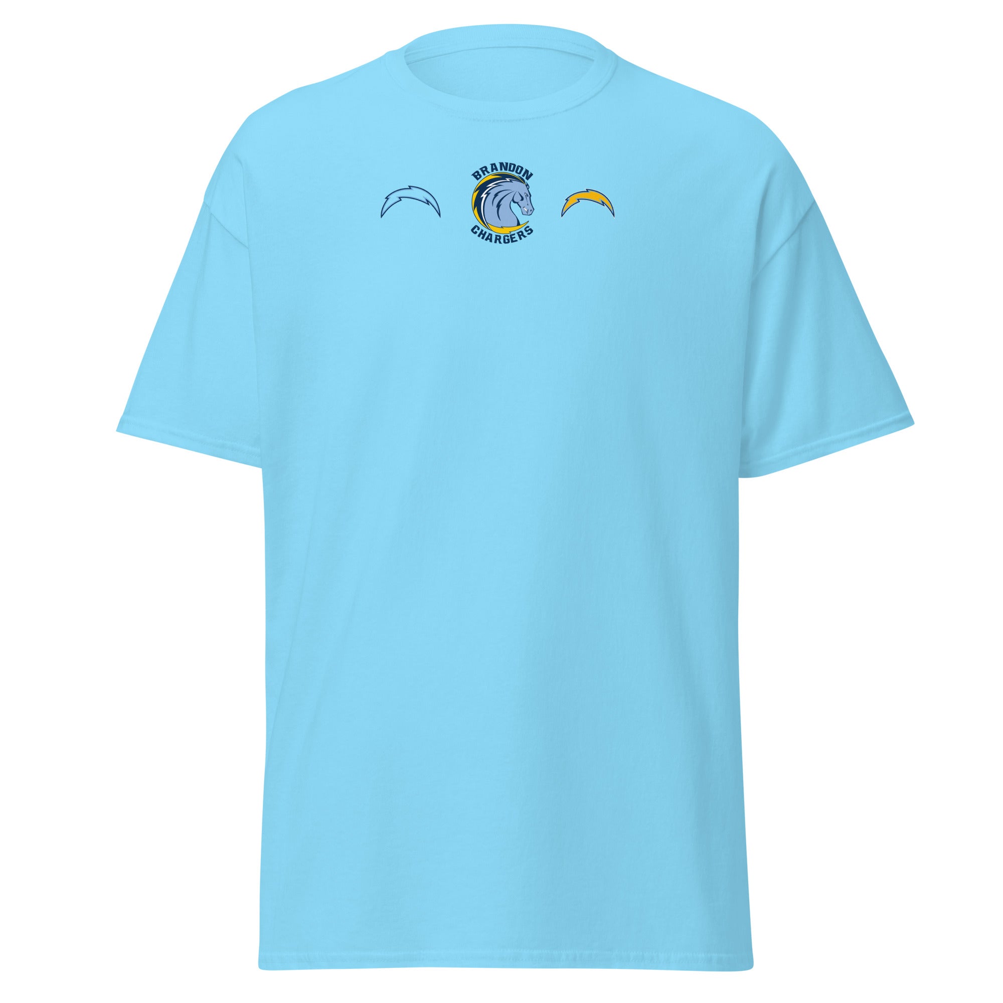 Brandon Chargers Triple Logo Adult Classic Tee by Roll Gear, Sky, front view.