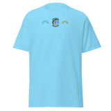 Brandon Chargers Triple Logo Adult Classic Tee by Roll Gear, Sky, front view.