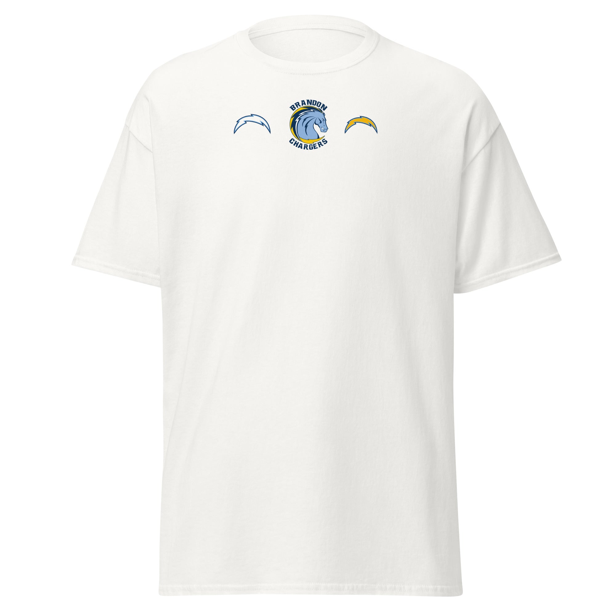 Brandon Chargers Triple Logo Adult Classic Tee by Roll Gear, White, front view.