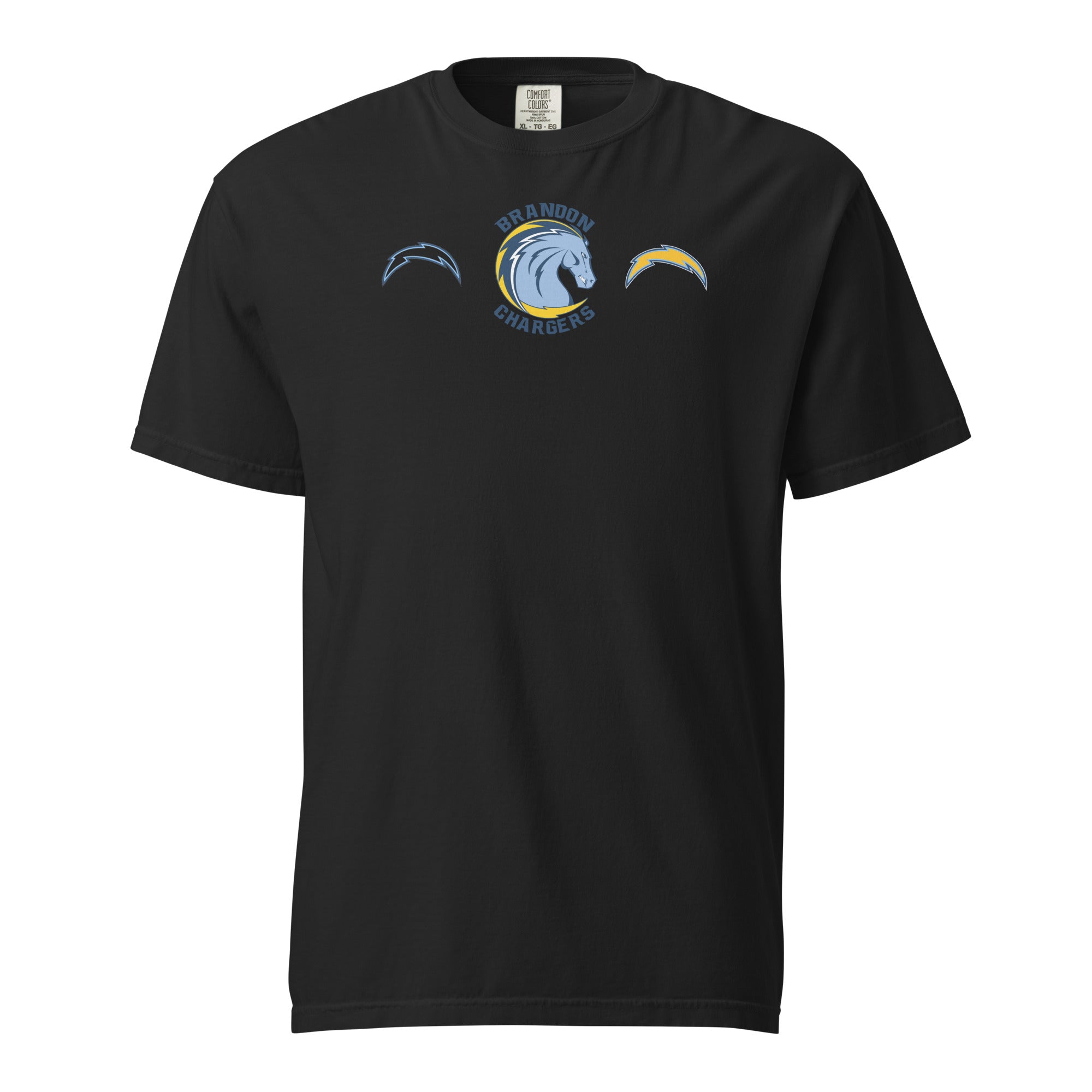 Brandon Chargers Triple Logo Adult Unisex Tee by Roll Gear, Black, front view.