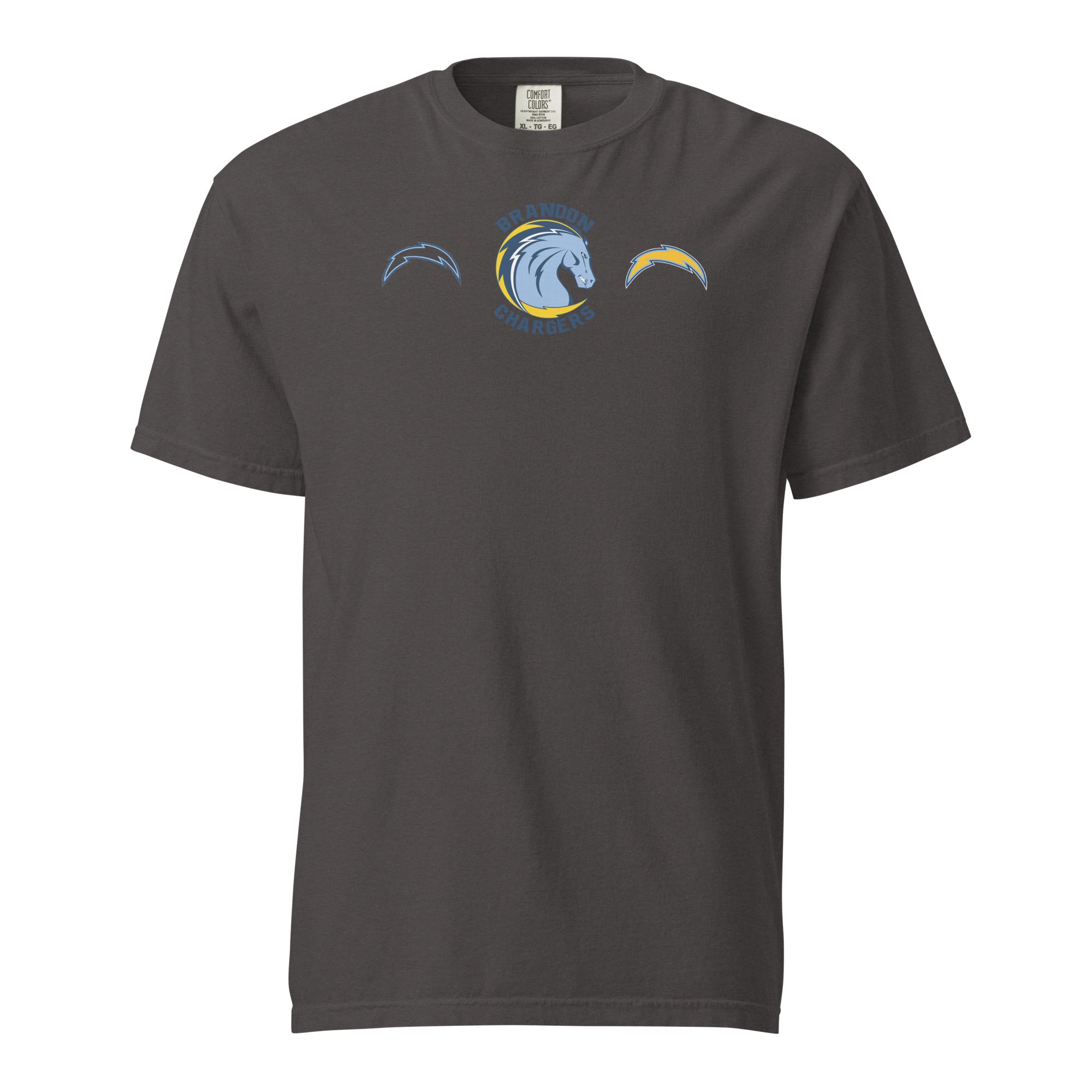 Brandon Chargers Triple Logo Adult Unisex Tee by Roll Gear, Graphite, front view.