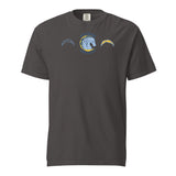 Brandon Chargers Triple Logo Adult Unisex Tee by Roll Gear, Graphite, front view.
