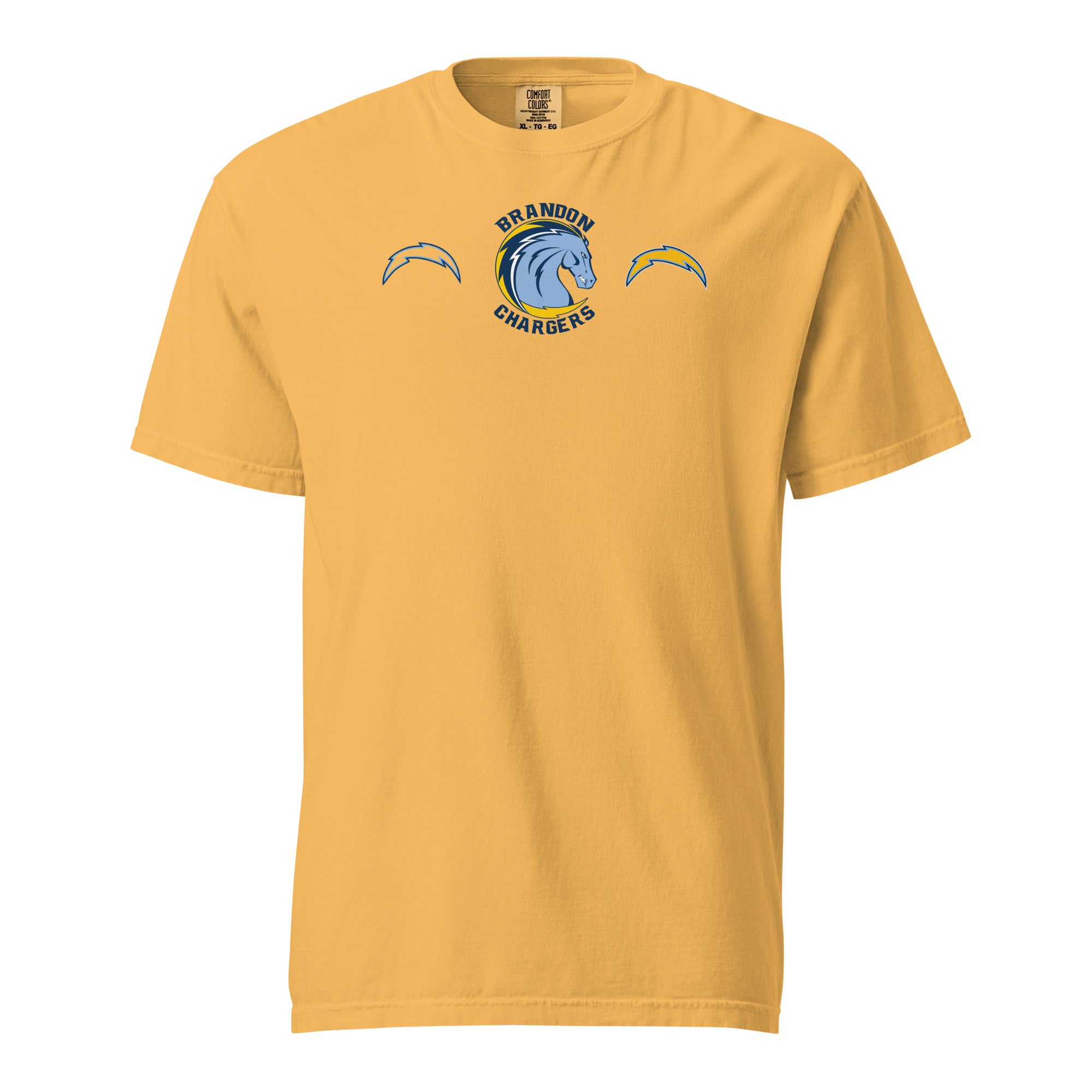 Brandon Chargers Triple Logo Adult Unisex Tee by Roll Gear, Mustard, front view.