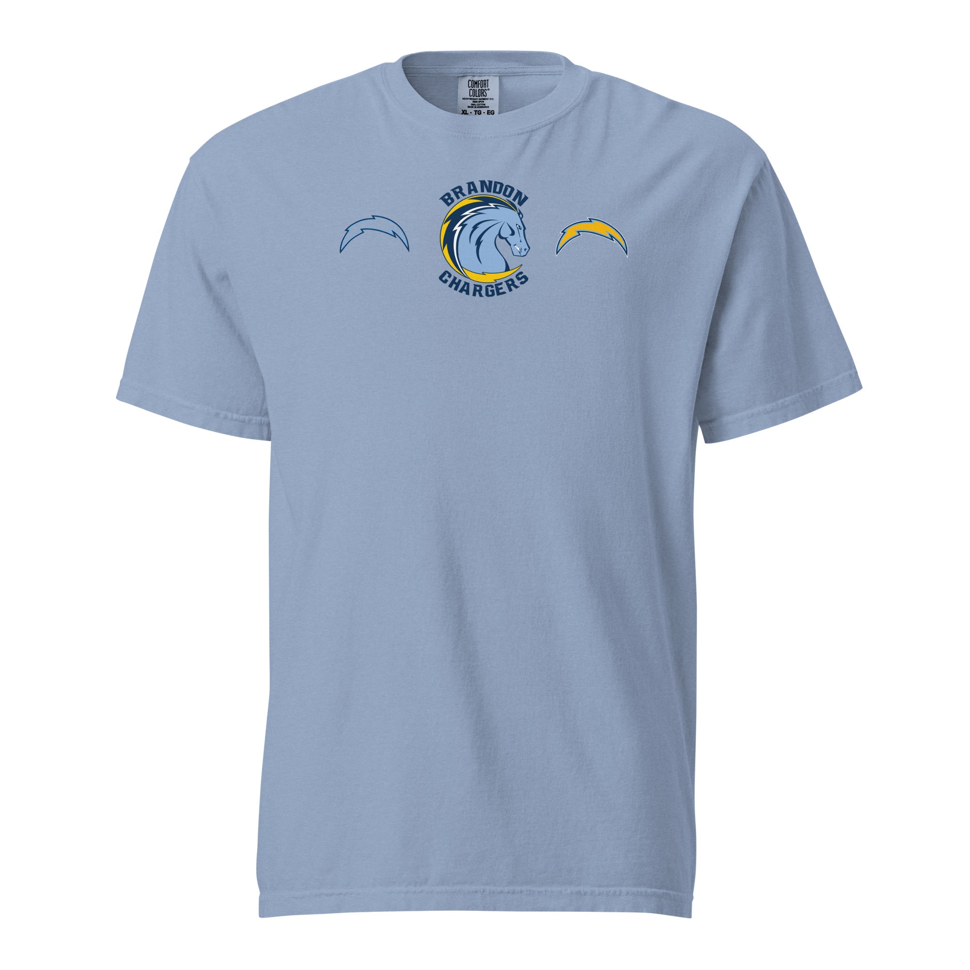 Brandon Chargers Triple Logo Adult Unisex Tee by Roll Gear, Washed Denim, front view.