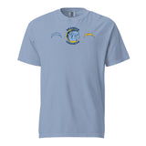 Brandon Chargers Triple Logo Adult Unisex Tee by Roll Gear, Washed Denim, front view.