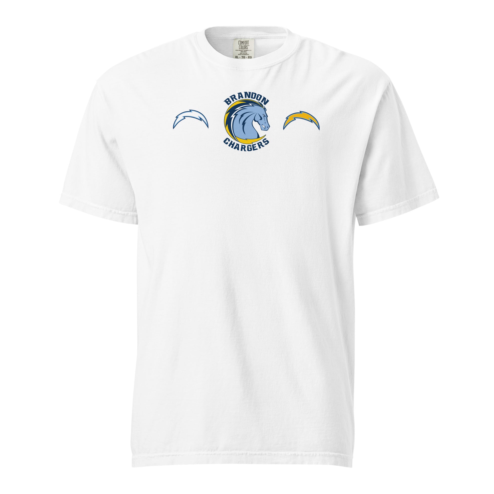 Brandon Chargers Triple Logo Adult Unisex Tee by Roll Gear, White, front view.