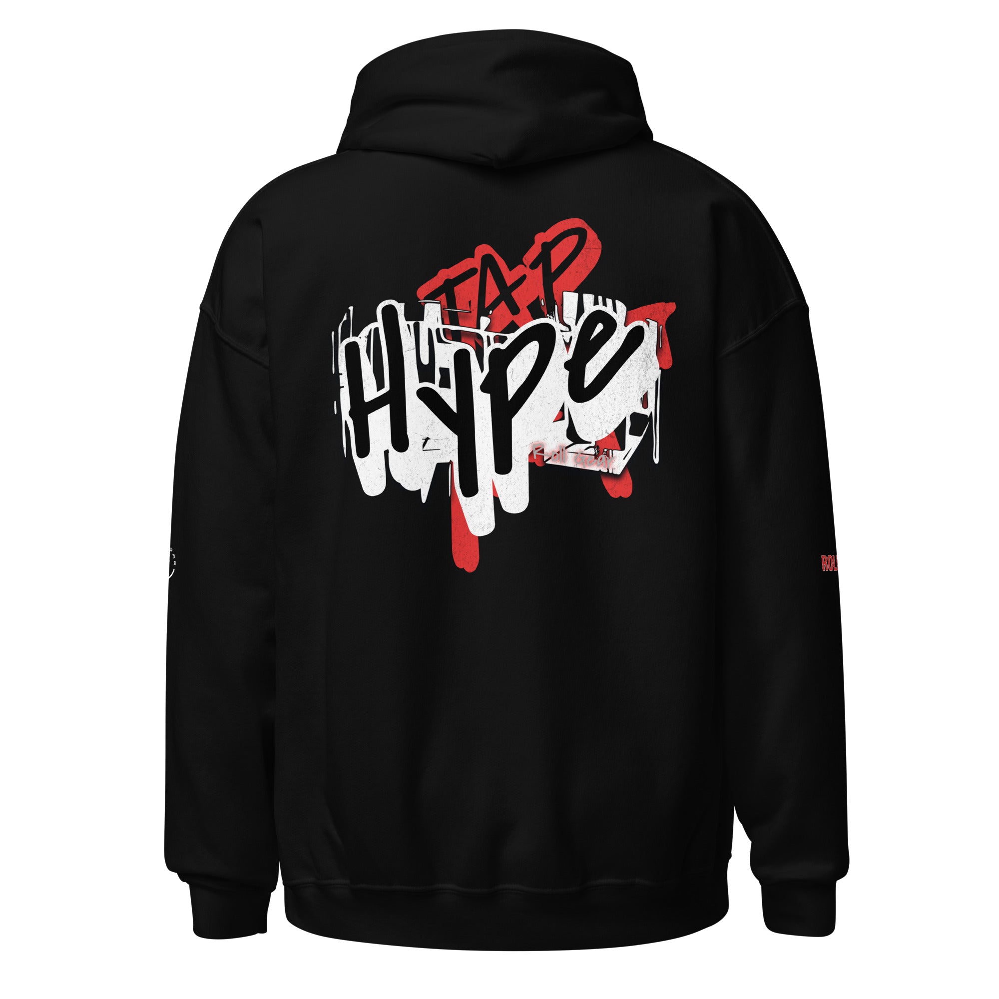 Roll Gear Tap Hype Hoodie - Red Print - Black, back view.