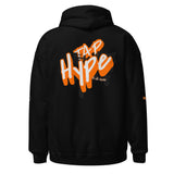 Roll Gear Tap Hype Hoodie - Orange Print - Black, back view.