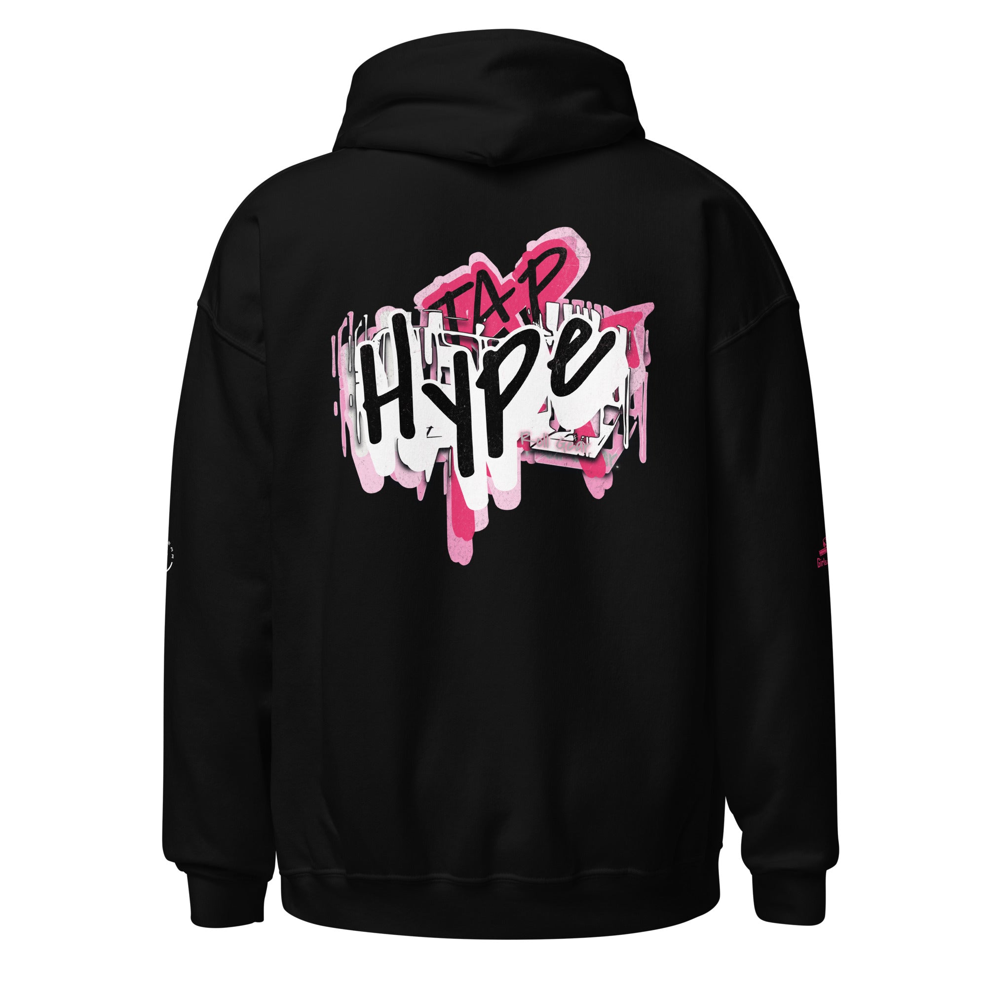 Roll Gear Tap Hype Hoodie - Pink Print - Girls on the Mat - Black, back view.