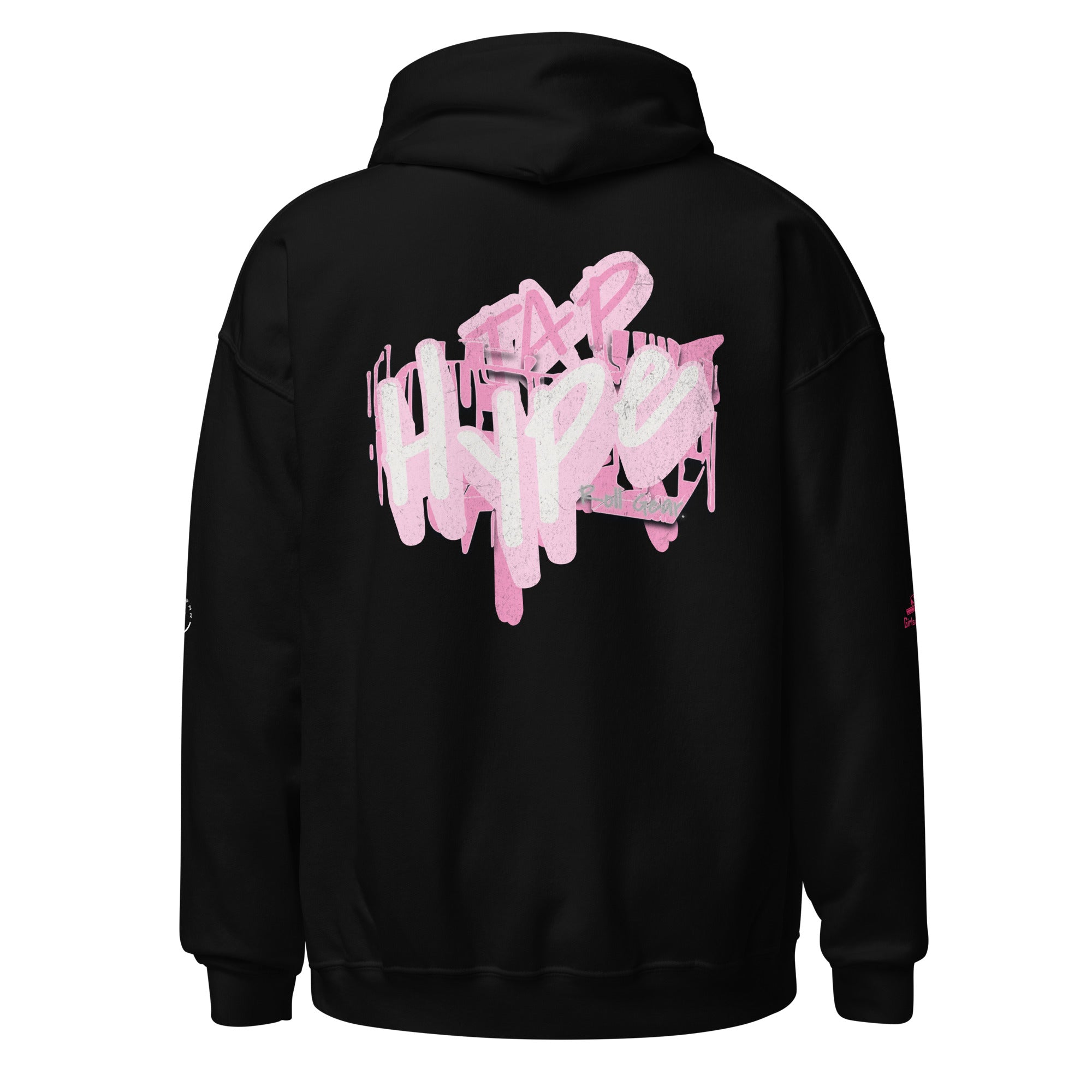 Roll Gear Tap Hype Hoodie - White Print - Girls on the Mat - Black, back view.