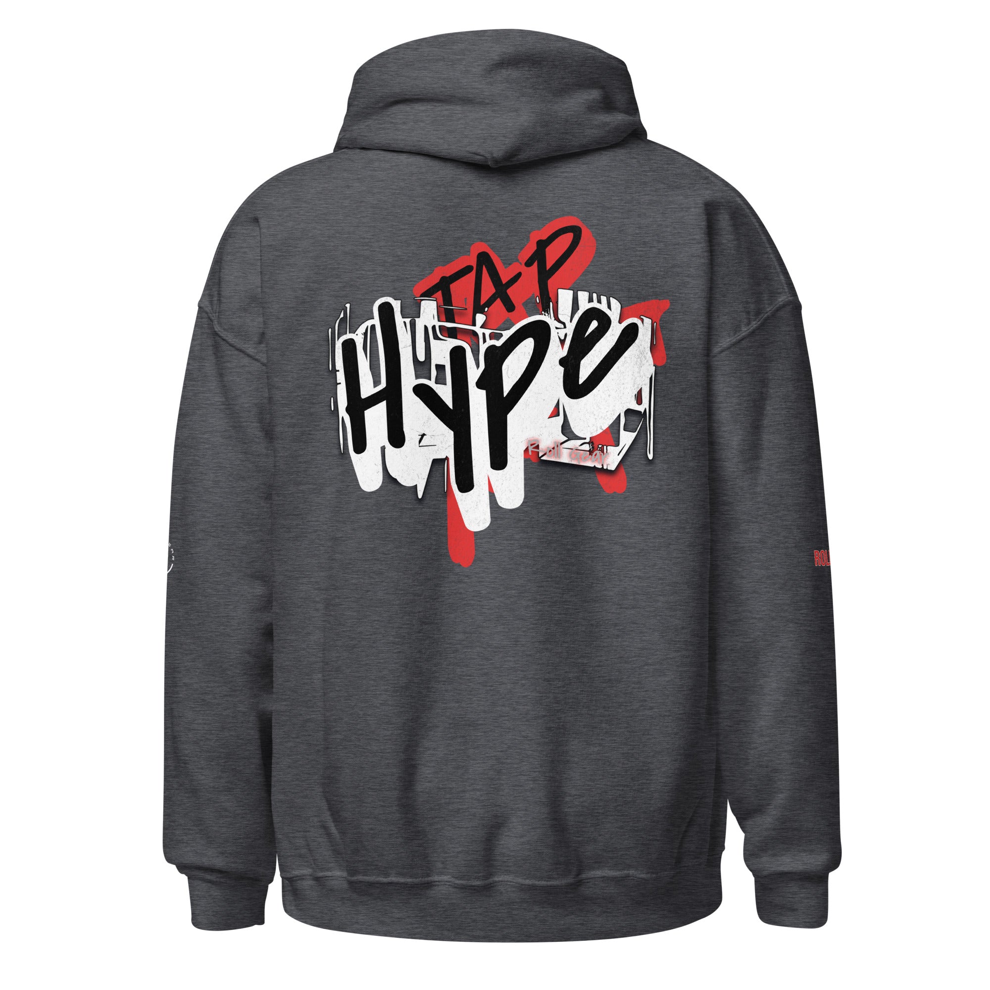 Roll Gear Tap Hype Hoodie - Red Print - Dark Heather, back view.
