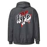 Roll Gear Tap Hype Hoodie - Red Print - Dark Heather, back view.