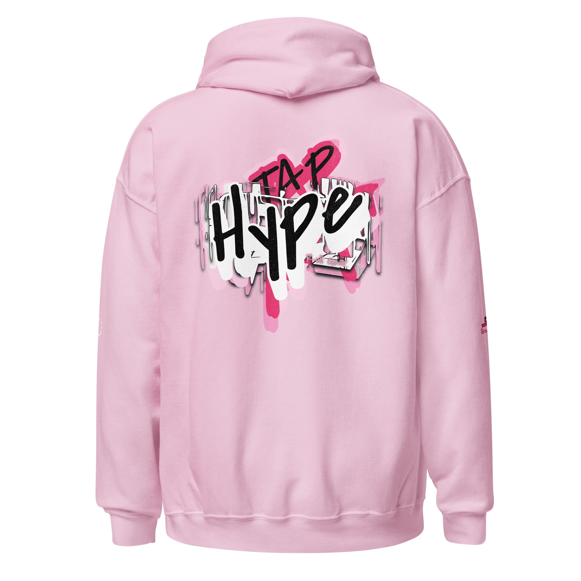 Roll Gear Tap Hype Hoodie - Pink Print - Girls on the Mat - Light Pink, back view.