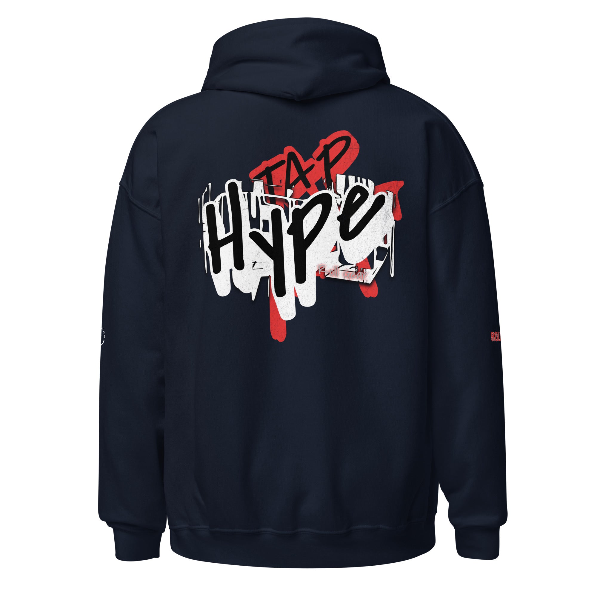 Roll Gear Tap Hype Hoodie - Red Print - Navy, back view.