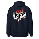 Roll Gear Tap Hype Hoodie - Red Print - Navy, back view.